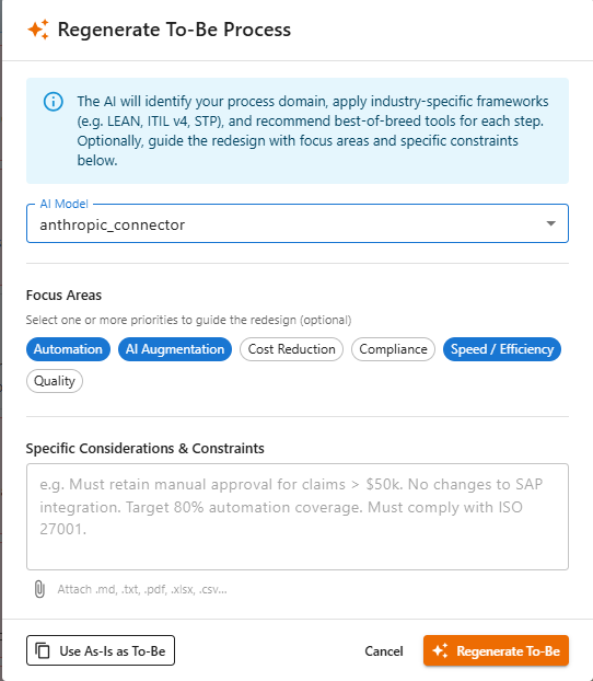 AI+ve Regenerate To-Be Process dialog with focus areas and model selection